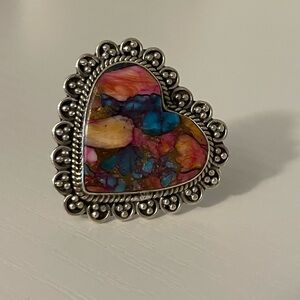 Blended Turquoise & Spiny Oyster Shell Heart  – Sterling Silver Statement Ring
